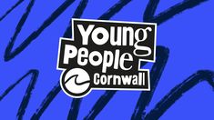 the young people's cornwall logo is shown in black and white on a blue background