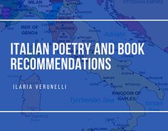 a map with the words italian poetry and book recommations on it, in blue