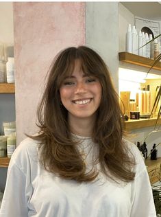 Haircut For Medium Length Hair Bangs, Long Hair Fringe Round Face, Long Layers Medium Length Hair With Bangs, Medium Haircut Bangs Layers, 90s Haircuts Long Hair, Dimensional Brunette With Curtain Bangs, Haircut Ideas For Long Hair Round Face, Long Layers With French Bangs, Bangs For Moms