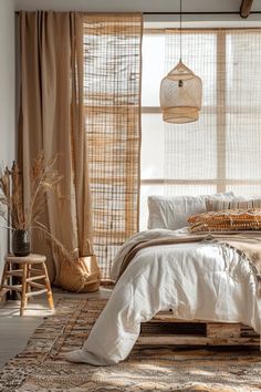 a bed sitting in a bedroom next to a window covered in curtains and pillows on top of a rug