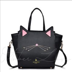 Black Cat Lovers Bag. Cat Design Crossbody Travel Bag, Cute Black Rectangular Satchel, Trendy Shoulder Bag With Cat Design, Cute Black Shoulder Bag With Detachable Strap, Trendy Black Shoulder Bag With Cat Design, Cute Black Shoulder Bag With Adjustable Strap, Cute Black Satchel Bag, Cute Black Leather Bag, Cute Black Shoulder Bag For Everyday Use