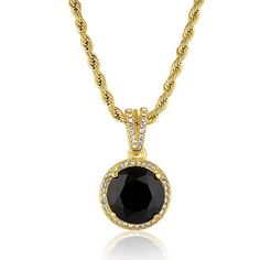 Trendy and luxurious rope chain with round black pendant gem stone surrounded by cubic zirconia. Hypoallergenic Color: cubic zirconia, black gemstone, gold rope chain polished stainless steel Length: 18 inches Black Necklace With Round Pendant, Black Round Chain Necklace, Black Rope Chain Necklace As Gift, Black Round Pendant Necklace In Gold Plated, Black Round Pendant Necklace, Gold Plated, Black Gold Plated Round Pendant Necklace, Gold-plated Rope Chain Jewelry With Round Pendant, Gold Plated Rope Chain Jewelry With Round Pendant, Gold Plated Rope Chain With Round Pendant