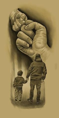 a drawing of a father holding the hand of his son