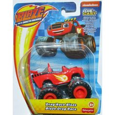 the blaze monster truck is red and has flames on it's front wheels, as well