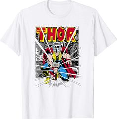 a white t - shirt with the word thor on it and an image of superman