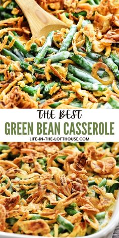 green bean casserole in a white dish with a wooden spoon on the side