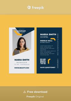 a yellow and blue business card with a woman's face on it, in the middle