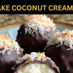 chocolate covered coconut cream truffles on a plate