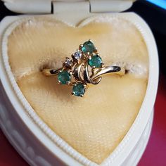 14k Emerald & Diamond Ring Size 6 1/4. Stamped 14kp For Plumb Meaning Exactly 14k. Genuine Emeralds With Natural Inclusions And Diamonds. Looks Amazing When Worn! See All Pics As They Are A Part Of The Description. Great Ring And Could Be Resized By A Jeweler! *** Display Box Not Included. See My Other Listings For Sterling Silver, Solid 10k, 10kt, 417 , 585, Solid 14k, 14kt Solid 18k, 18kt, Diamonds, Sapphire, Emerald, Garnet, Jade, Amethyst, Citrine, Ruby, Topaz, Other Precious Stones, And Oth Zales Engagement, Valentines Vintage, Emerald Diamond Ring, Vintage Diamond Rings, Engagement Anniversary, Ruby Ring, Emerald Diamond, Womens Jewelry Rings, Green And Gold