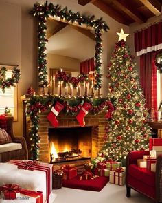 a living room decorated for christmas with presents and stockings on the fireplace mantels