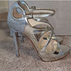 Silver Heels In Good Condition. Size 5.5 Fit Like A 5.5/6 Comes With Dust Bag And A Jimmy Choo Box That Belonged To Another Pair. Silver Glitter Heels, Glitter Heels, Silver Heels, Jimmy Choo Shoes, Silver Glitter, Jimmy Choo, Shoes Women Heels, Shoes Heels, Dust Bag