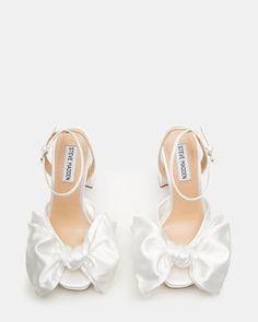 LIVELY White Satin Bow Detailed Platform Heel | Women's Heels – Steve Madden Steve Madden White Heels, Hoco Shoes High Heels, Bow Shoes Heels, Hoco Heels, Hoco Shoes, White Pumps Heels, Graduation Heels, Hoco 2024, Closet Basics