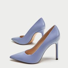 Nwt Zara High Heel Leather Court Shoes In Beautiful Baby Blue Color Light Blue High Heel Leather Heels, Light Blue Leather High Heels, Purple Round Toe Heels For Office, Chic Purple Leather Heels, Elegant Lavender Heels With Round Toe, Zara Purple Heels For Formal Occasions, Lavender Pointed Toe Heels For Formal Occasions, Elegant Lavender High Heels, Purple Leather Heels With 4-inch Heel