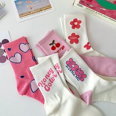 cute-pink-socks-heart-socks-flower-socks-cherry-socks-boogzel Aesthetic Socks, Pink Heart Pattern, Flower Socks, Cute Love Heart, Heart Socks, Sock Game, Pink Socks, Pink Letter, Soft Sock