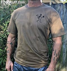 "As the motto goes, \"Four Branches, One Crab\". The Marine Corps, Navy, Air Force, and Army each have their own color skivvy or undershirt that they wear with their uniform. We tried to keep it simple and let the undershirt do its job, but with a little Skeebb Flare! These are Soffe Brand Undershirts featuring our Skeebb design on the left chest. ~Soffe Woodland Brown Tees ~ dubbed the \"military's preferred base layer\" ~50/50 cotton/poly jersey & 100% cotton ~Reinforced double stitched ne Fitted Casual T-shirt For Outdoor, Casual Fitted T-shirt For Outdoor, Khaki Crew Neck Top For Sports, Sporty Khaki Top For Outdoors, Sporty Pre-shrunk Tops For Outdoor, Brown Tees, Brown Tee, Navy Air Force, Red Baby