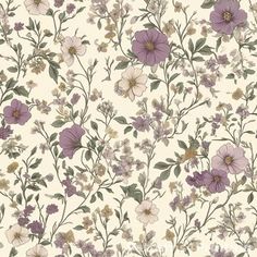 a floral wallpaper with purple flowers and green leaves on the bottom half of it