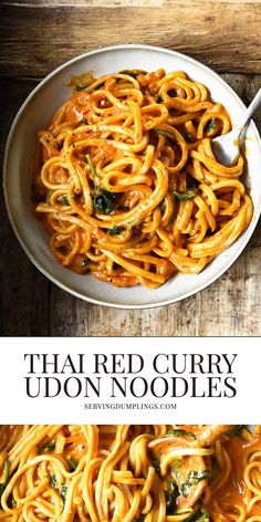 thai red curry udon noodles in a white bowl