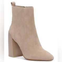 Vince Camuto Enverna Block Heel Bootie Chunky Block Heels Add Sturdy Lift To A Chic Silhouette, In Color Almond Beige Suede. Never Worn! Unfortunately Too Late To Return. - 3-3/4" Block Heel - Almond-Toe Booties With Inner Ankle Zipper Closure - Suede Upper; Fabric Lining; Manmade Sole - Zips At Side - Leather Pull Tab Beige Ankle-high Boots For Work, Winter Beige Pointed Toe Booties, Beige Booties For Work In Fall, Beige Fall Booties For Workwear, Fall Beige Booties For Workwear, Beige Suede Heels With Reinforced Heel, Beige Pointed Toe Boots With Reinforced Heel, Beige High Heel Boots With Stacked Heel, Beige High Heel Boots With Reinforced Heel