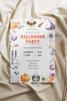 a halloween party flyer with pumpkins, witches and other decorations on it's side