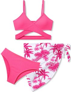 PRICES MAY VARY. 👙【Comfortable Fabrics】 This girls swimsuit are made of high quality fabric, soft and comfortable,fade-resistant and durable, High elastic, breathable, skin-friendly. 👙【Unique Design】The bathing suits for teen girls have the sweetest details,criss cross,color block girls bikini with adjustable spaghetti strap, soft bottom, tie waist chiffon sarong offers coverage and comfort. 👙【Suit Occasion】3 piece bathing suits for girls can be used more occasions, swimming, spa, surfing, ba Cute Bathing Suits For Ages For 10-12, Bathing Suits For Teens, Swimsuits For Teens, Pink Bathing Suits, Cute Nike Outfits, Cute Bathing Suits, Swimwear Girls, Cute Swimsuits, Really Cute Outfits