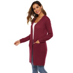 Wine Red Open Front Cardigan with Pockets Casual Burgundy V-neck Outerwear, Red Open Front Cardigan For Fall, Red Open Front Outerwear For Fall, Red Solid Color Casual Cardigan, Casual Burgundy Cardigan For Spring, Red Open Front Sweater For Fall, Red Open Front Sweater For Spring, Red Open Front Spring Sweater, Red Open Front Winter Sweater