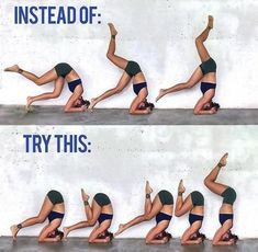 a woman doing yoga poses with the caption instead of try this