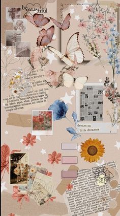 a collage of flowers, butterflies and letters