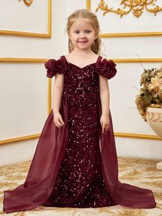 Velvet Gown For Kids, Girls Frocks Design Party Dresses, Sequence Dress For Kids, Redmade Gown For Children, Sequence Gown, Burgundy Party, Prom Dress Burgundy, Girls Party Wear