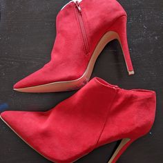 Red Faux Suede Booties Red Pointed Toe Heeled Boots For Spring, Casual Red Heeled Boots With Pointed Toe, Red Ankle Booties For Party, Red Pointed Toe Booties For Fall, Red Booties For Spring, Red Ankle-high Booties For Spring, Chic Red Suede Heeled Boots, Red Almond Toe Boots For Spring, Red Suede Heeled Boots With Pointed Toe