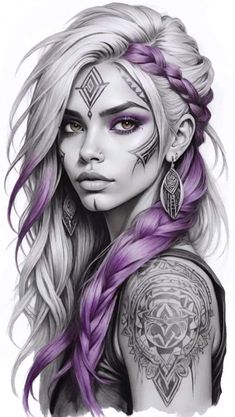 a drawing of a woman with purple hair and tattoos on her face, wearing braids