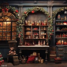 an old fashioned christmas display in a room with lots of presents on the shelves and decorations