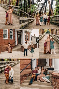 a collage of family photos taken at the bottom of stairs and in front of an old train trestle