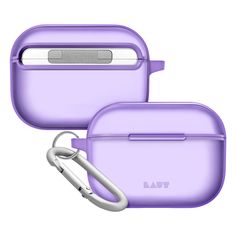 an image of two purple cases with ear buds attached to the side and one in front