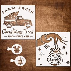 christmas tree stamp and dieing set on wooden table with wood grain background, farm fresh logo