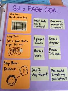 a purple binder with writing on it that says set a page goal and then read the instructions