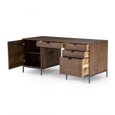 an office desk with two drawers and a file cabinet on one side, the other is open