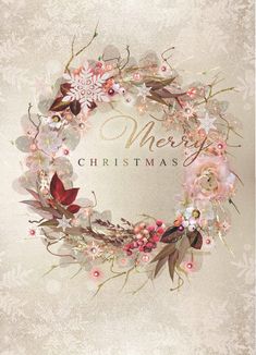 a christmas card with a wreath and flowers