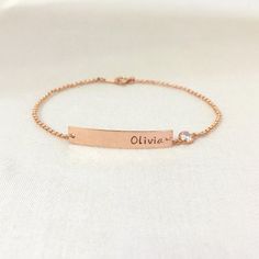 Baby Girl Bar Bracelet, Gold Bar with Crystal Bracelet, Baby Jewelry, Christening Gift, Bridesmaid Bracelet, Name Bracelet, Personalized BarAvailable in Sterling Silver, 14K Gold Filled, 14K Rose Gold FilledPlease drop a message of name in the note box at checkout.Specification. All component is Sterling Silver / 14K Gold Filled/ 14K Rose Gold Filled. Bar size 5 x 30mm. Crystal CZ size 4mm. Thicker Rolo Chain. Comes in a satin pouch. Length includes bar, jump ring and claspIMPORTANT:Usually jewe Adjustable Engraved Name Bracelet For Bridesmaid Gift, Adjustable Rose Gold Name Bracelet For Birthday Gift, Adjustable Rose Gold Name Bracelet For Birthday, Dainty Adjustable Name Bracelet For Bridesmaid Gift, Adjustable Rose Gold Bracelet For Birthday, Adjustable Rose Gold Charm Bracelet For Birthday, Adjustable Rose Gold Bracelet With Birthstone, Adjustable Rose Gold Nameplate Bracelet, Adjustable Personalized Gold Bracelet For Wedding