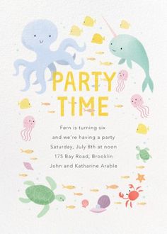 a party time card with an octopus and sea animals