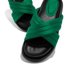 Hunter Green Sandles Green Slip-on Sandals For Summer, Green Slip-on Sandals With Padded Heel, Summer Slip-on Sandals With Padded Heel, Green Open Toe Synthetic Sandals, Green Synthetic Slides With Round Toe, Flat Sandals With Padded Heel For Spring, Spring Synthetic Slides With Round Toe, Spring Flat Sandals With Padded Heel, Flat Sandals With Padded Heel For Beach