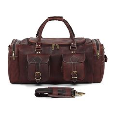 This handcrafted Vintage Dark Brown Traveller Duffle Bag is a timeless travel companion, made of genuine full-grain leather with an elegant and classic exterior. Its vintage design will make you stand out, so you can make a stylish statement wherever you go. An inspired homage to old school, this duffle bag is sure to turn heads. Salient Features Material: Full Grain Goat Leather Color: Vintage Brown High-quality canvas fabric has been finely stitched inside for a neat lining. Pure brass hardwar Classic Brown Duffle Bag For Trip, Classic Leather Travel Bag For Trips, Vintage Weekender Bag With Leather Lining For Travel, Classic Leather Satchel For Trip, Vintage Leather-lined Duffle Bag For Travel, Vintage Travel Duffle Bag With Leather Lining, Classic Leather Weekender Bag For Trips, Classic Soft Leather Duffle Bag For Trips, Vintage Leather Backpack With Luggage Sleeve For Travel