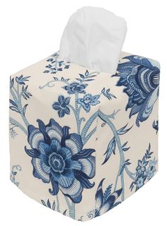 a blue and white floral print tissue paper dispenser