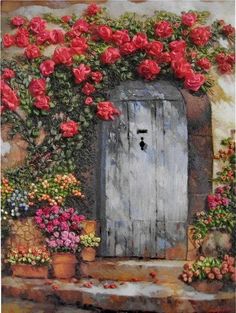 a painting of an old door surrounded by flowers