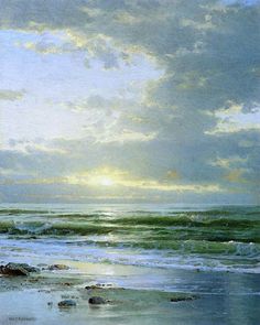 a painting of the ocean with waves coming in from the shore and sun shining through the clouds