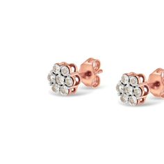 Add this dainty and delicate pair of floral stud earrings to your collection. This pair features an incredible combination of 14 diamonds and 10-karat rose gold. Each piece of round cut diamond in here is enclosed with a prong setting, adding unmatched sophistication to it. Classic Rose Gold Diamond Cluster Earrings, Rose Gold Single Cut Diamond Earrings, Rose Gold Earrings With Single Cut Diamonds, Ethical Rose Gold Diamond Earrings, Fine Jewelry Rose Gold Cluster Earrings With Prong Setting, Fine Jewelry Rose Gold Diamond Earrings With Rose Cut, Fine Jewelry Rose Gold Cluster Earrings With Cubic Zirconia, Rose Gold Cubic Zirconia Cluster Earrings Fine Jewelry, Round Rose Gold Cluster Earrings With Prong Setting