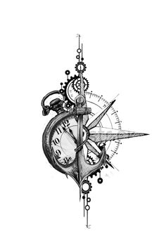 a black and white drawing of a compass with a clock on it's side