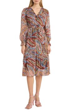 Easily transition from desk to dinner in this midi dress fashioned in a tiered silhouette. 46" length Button half placket V-neck Long sleeves Removable tie belt Lined 100% polyester Machine wash, dry flat Imported Multicolor Fall Dress For Workwear, Multicolor Printed Dresses For Work, Multicolor Printed Dress For Work, Multicolor Printed Dress For Workwear, Tiered Dresses For Fall Workwear, Tiered Fall Workwear Dresses, Fall Tiered Midi Dress For Daytime, Printed Knee-length Dresses For Work, Printed Knee-length Workwear Dresses