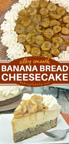 Banana Bread Cheesecake Half Banana Bread Half Cheesecake, Half Cheesecake Half Banana Bread, Banana Bread Cheesecake Recipe, Banana Bread Bottom Cheesecake, Banana Nut Cheesecake, Healthy Banana Cheesecake, Mother’s Day Baked Goods Idea, Chocolate Banana Cheesecake, Dessert Recipes For Mother’s Day