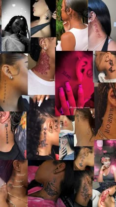 a collage of photos with different tattoos on their faces and neck, including one woman's face