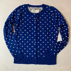 New York & Company - Blue Sweater With Silver Dots. Size: M. Smoke/Pet Free House. Blue Crew Neck Cardigan For Work, Blue Fitted Crew Neck Cardigan, Fitted Blue Crew Neck Cardigan, Silver Cardigan, Floral Peasant Blouse, Asymmetrical Blouse, Plaid Sweater, House Sold, New York And Company